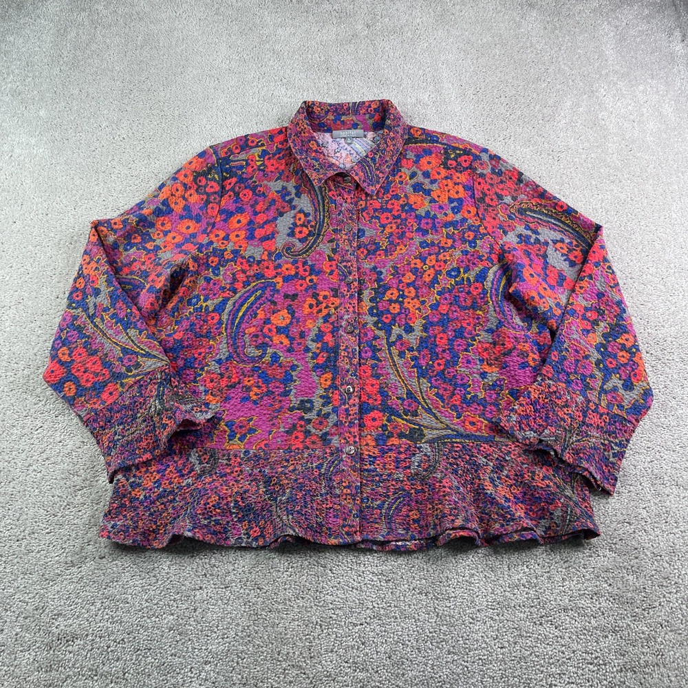 Habitat Top Women XL Pink Blue Parisian Floral Pucker Seersucker Peplum Boho